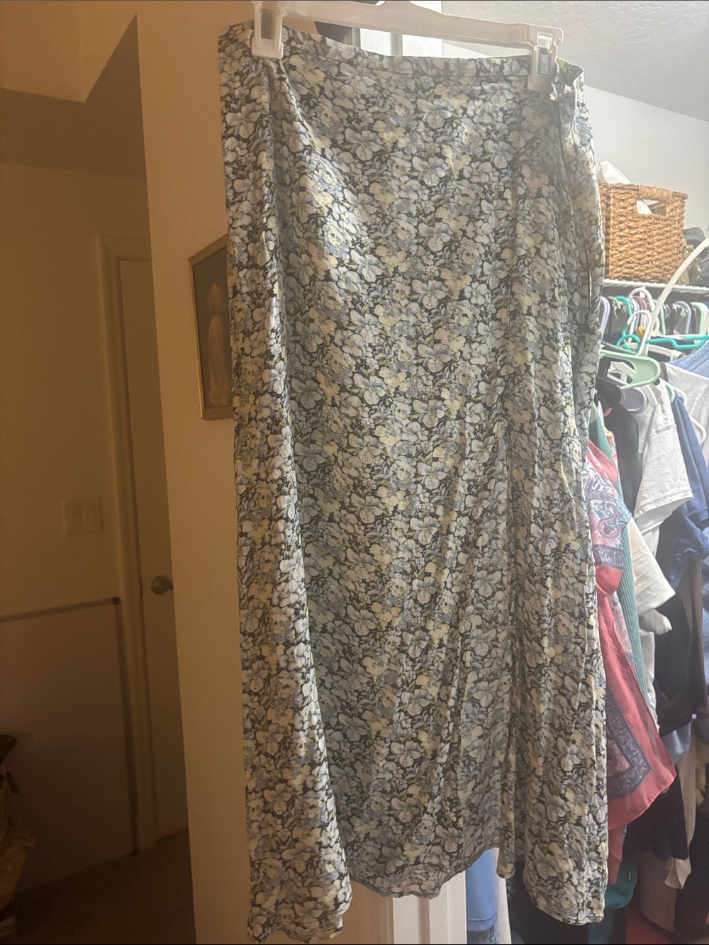 H&M Floral Midi Skirt in Blue and Cream with slit